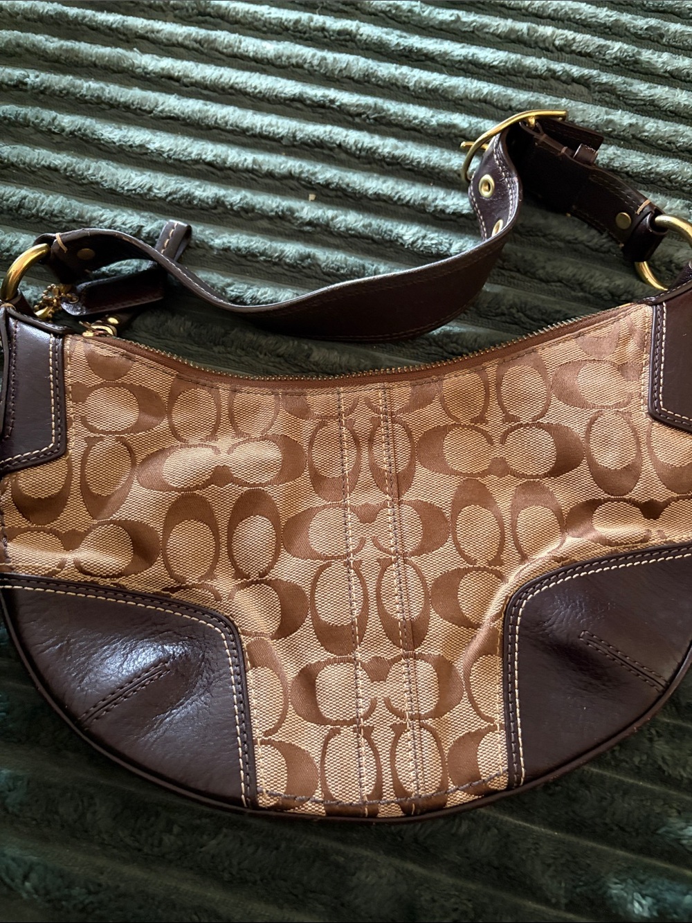 COACH Brown Signature Canvas Tote with Dark Brown Leather Trim - Picture 9 of 11